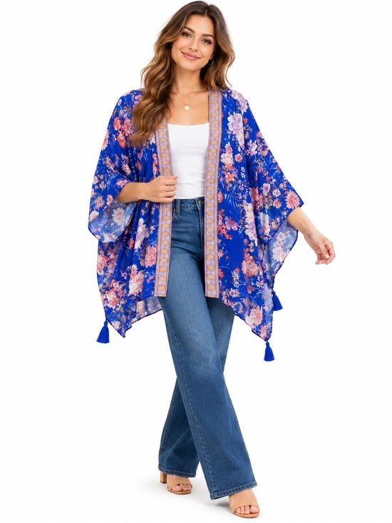 Knox Rose Tops - Knox Rose Blue Floral Boho Kimono Cardigan M/L Tassel Open Front
